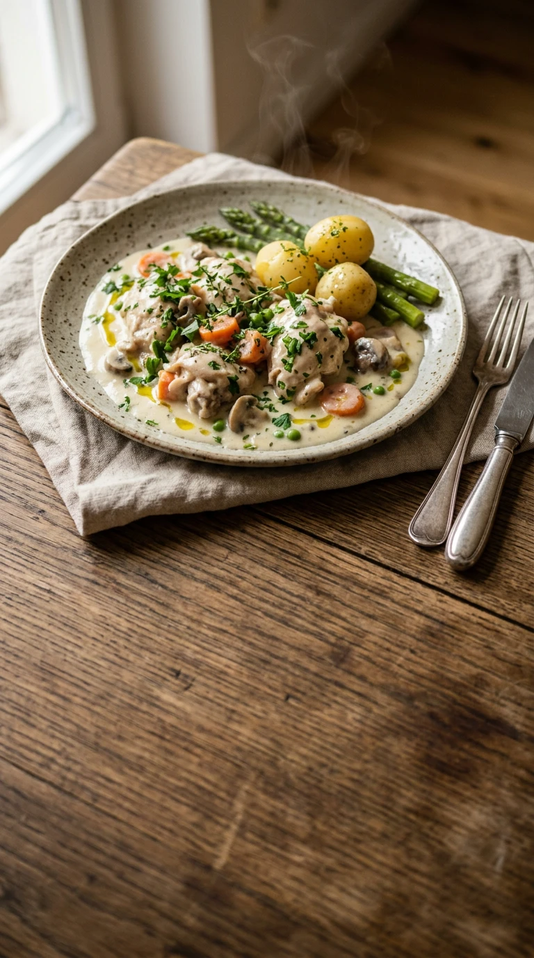 Feines Fricassee von jungen Hühnern, Kapaunen oder Tauben