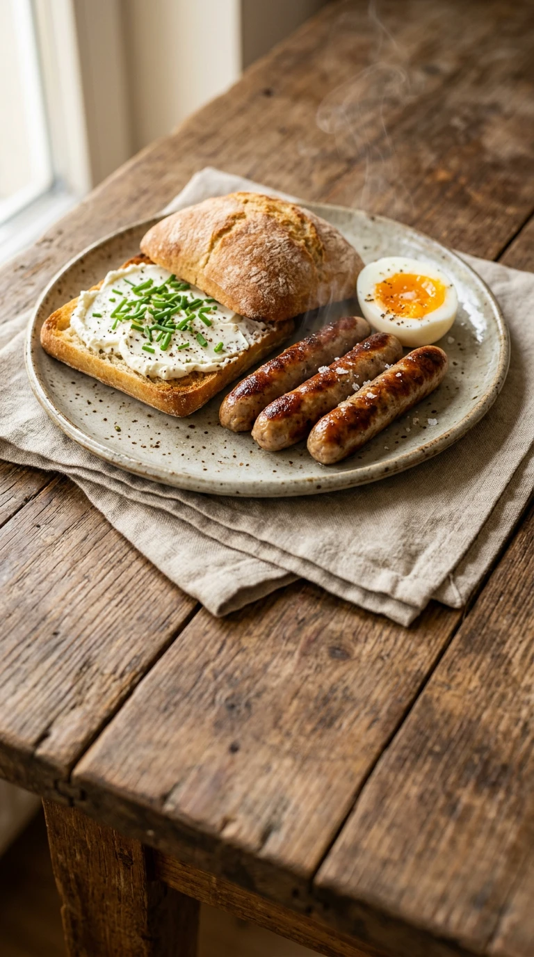Petit pain petit-déjeuner avec saucisse et œuf
