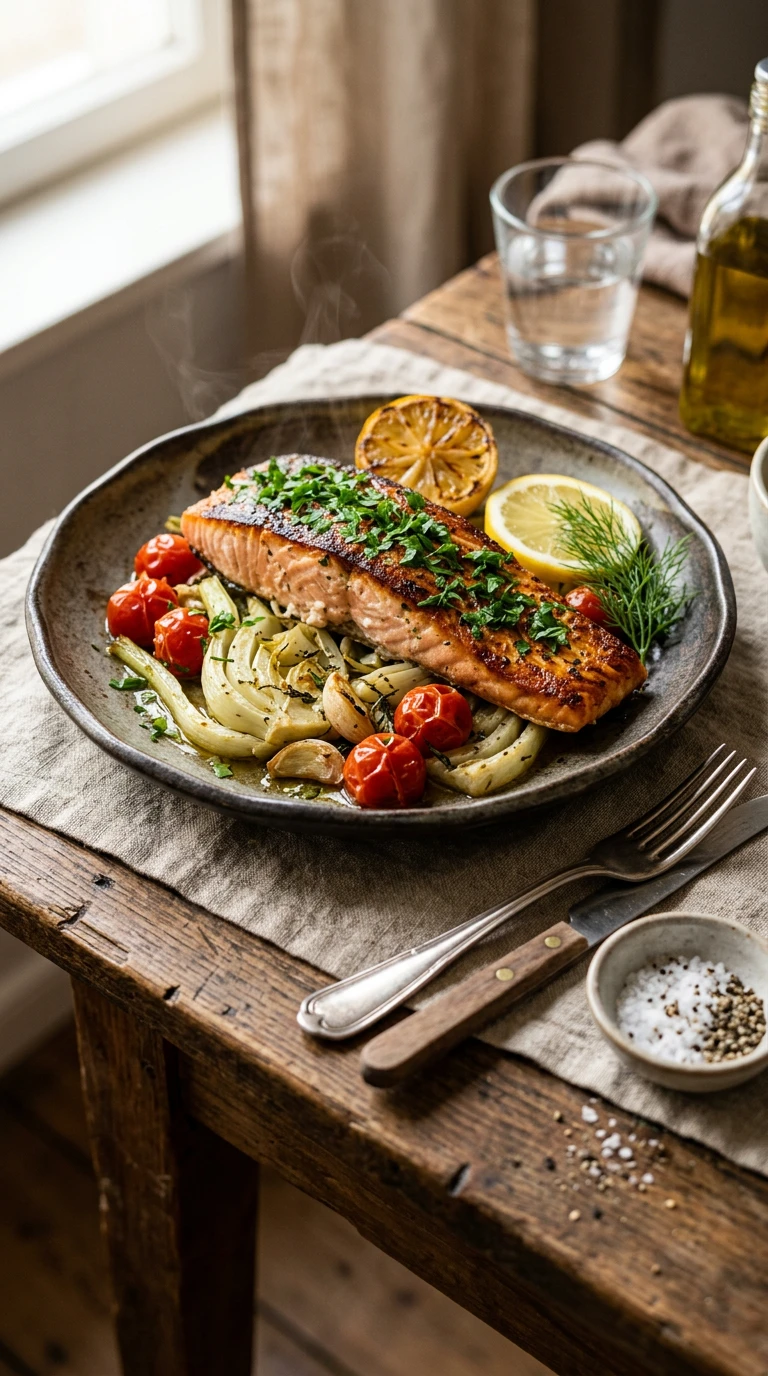 Saumon rôti au fenouil et tomates
