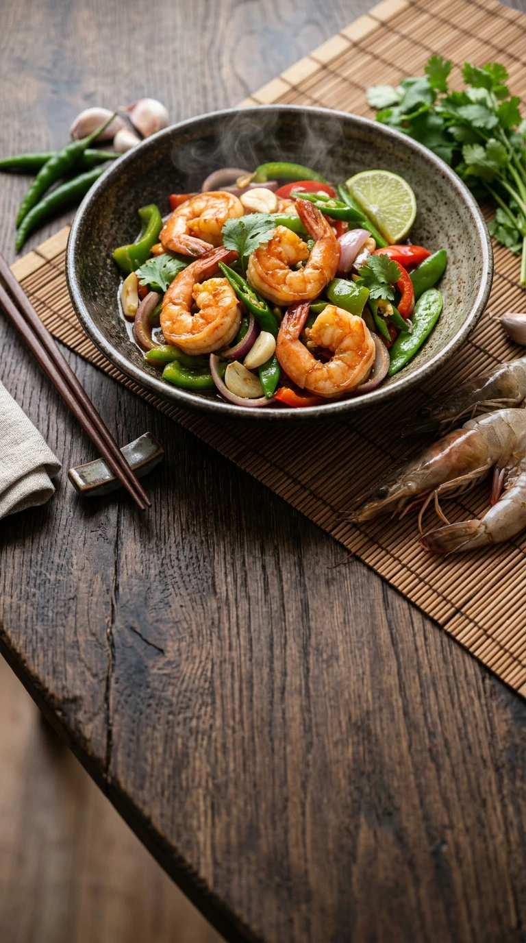 Gebratene Garnelen mit Gemüse (Thai)