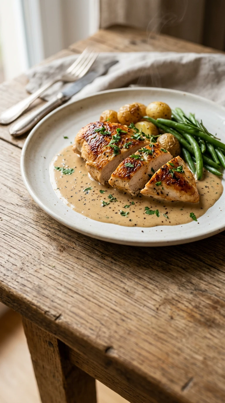 Poitrine de poulet poêlée avec sauce crémeuse au brandy