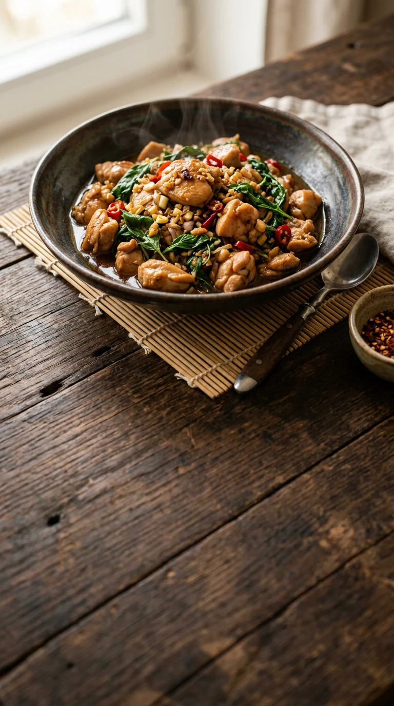Poulet sauté aux piments et basilic