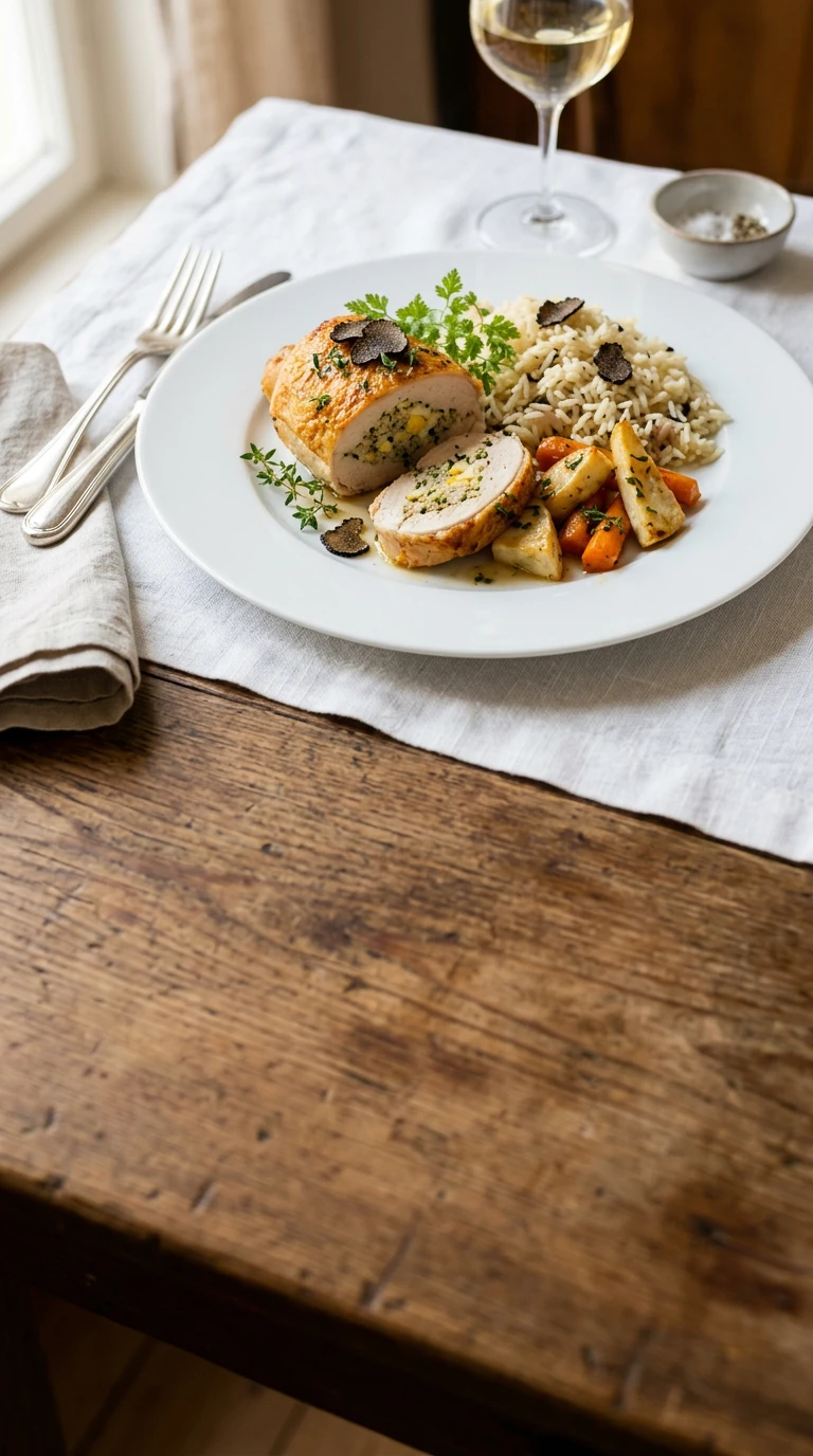 Poularde farcie au riz, truffe et céleri