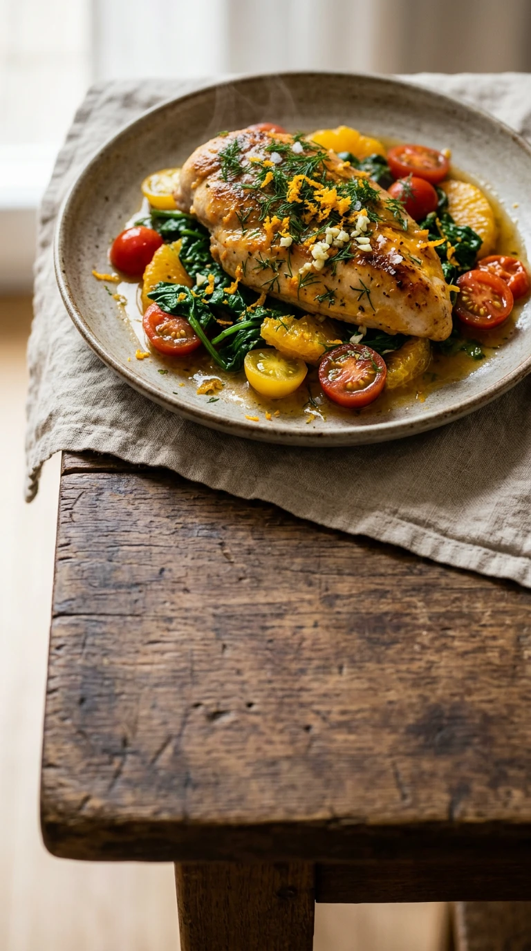 Hähnchen mit Orange, Spinat und Kirschtomaten