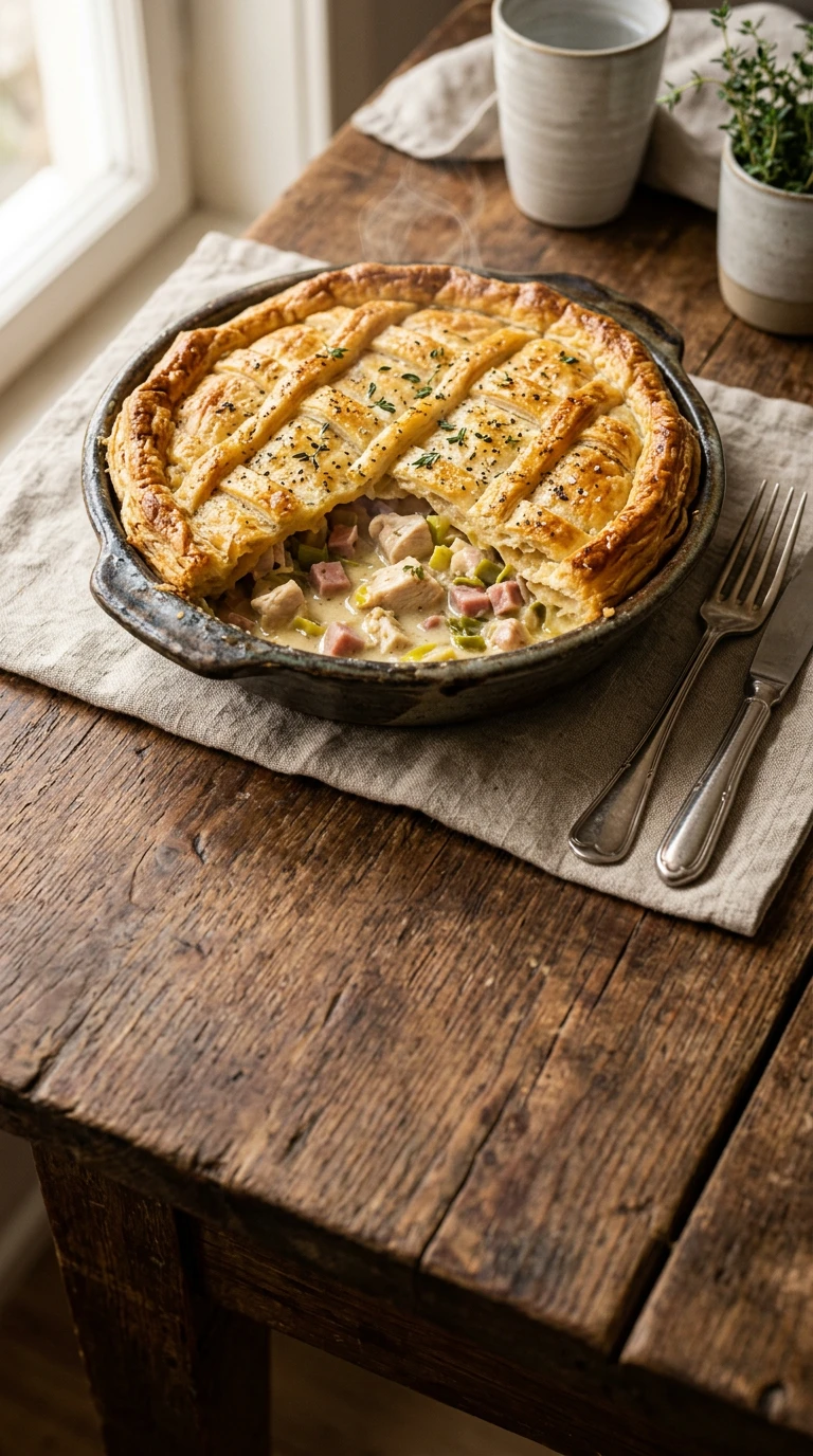 Tourte au poulet, jambon et poireau
