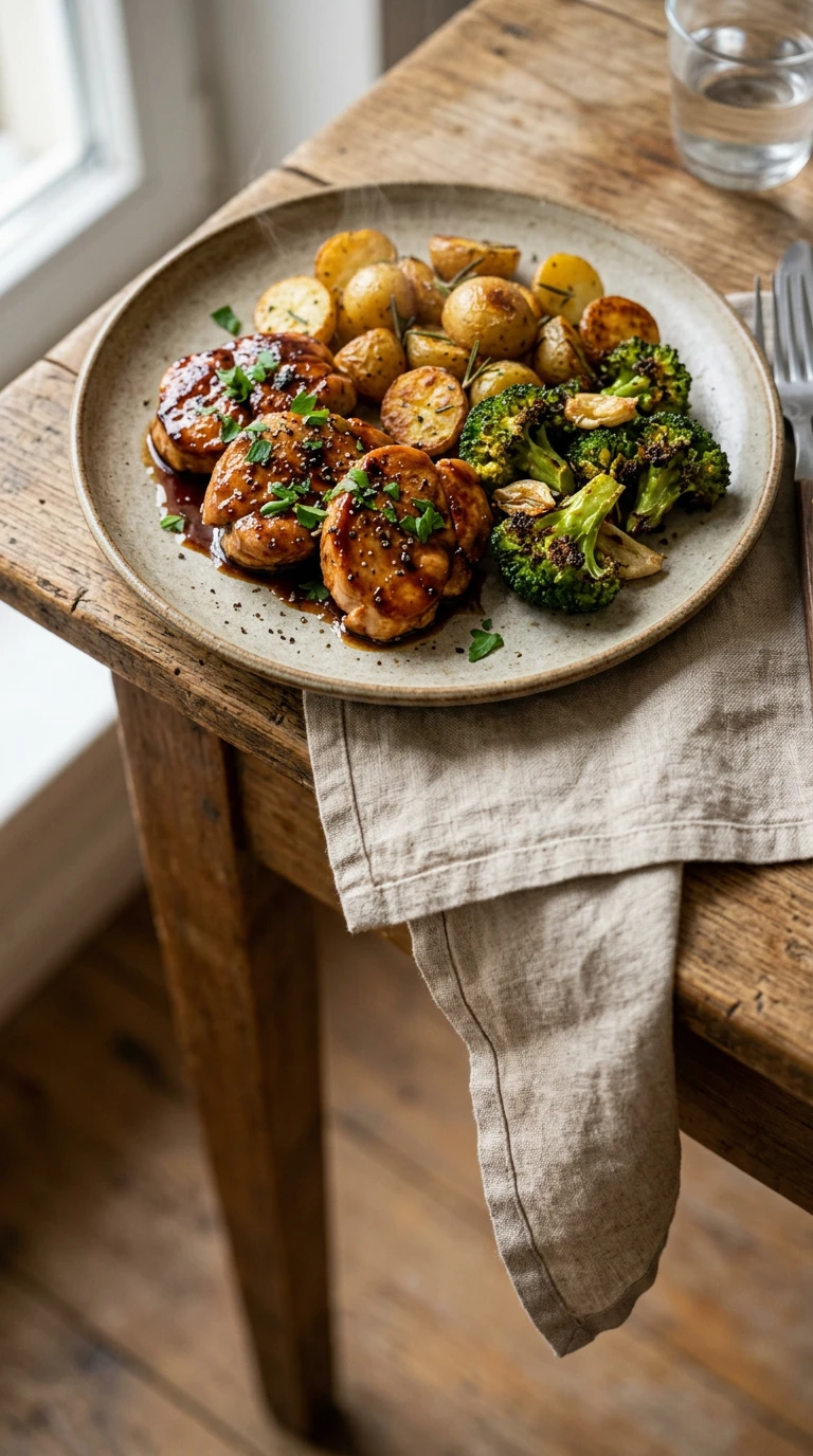 Poulet au miel et balsamique avec brocoli croustillant et pommes de terre
