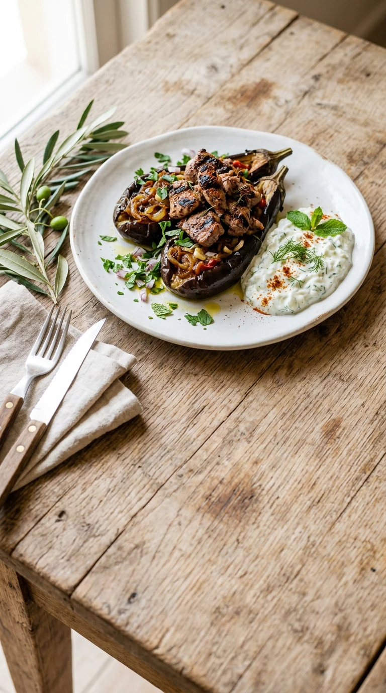 İmam bayıldı mit BBQ-Lamm & Tzatziki