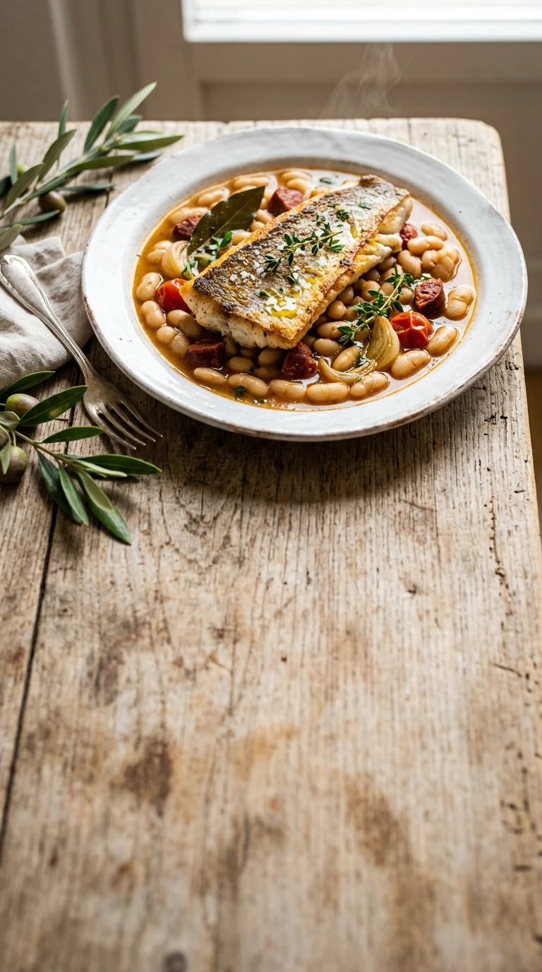 In der Pfanne gebratener Seehecht mit weißen Bohnen & Chorizo-Brühe