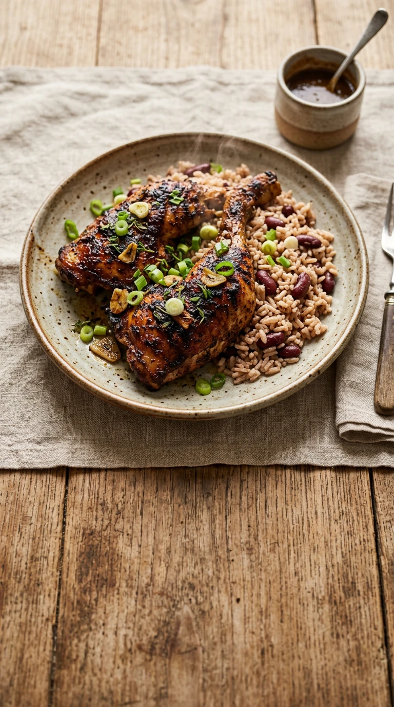 Poulet jerk avec riz et pois