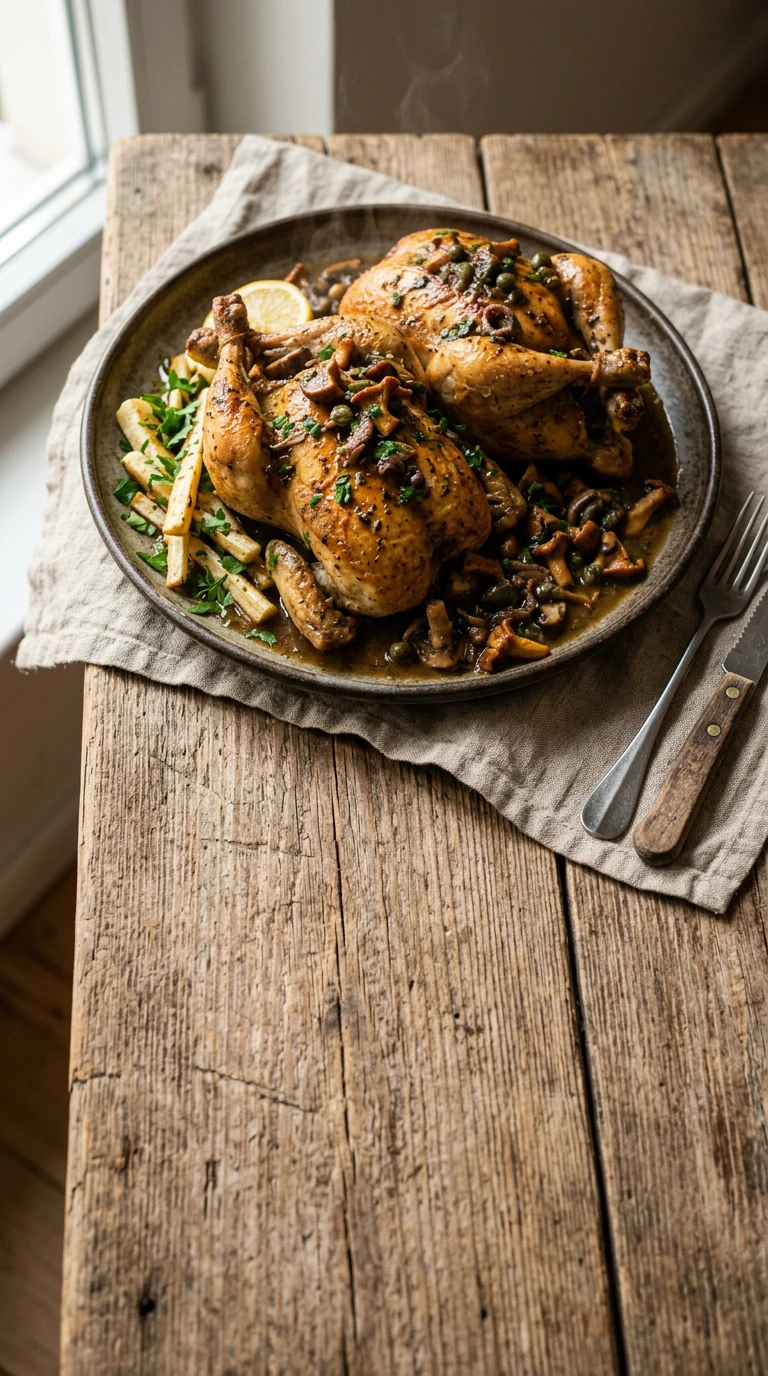 Junge Hühner mit einer Pilz-Caper-Sardellen-Sauce