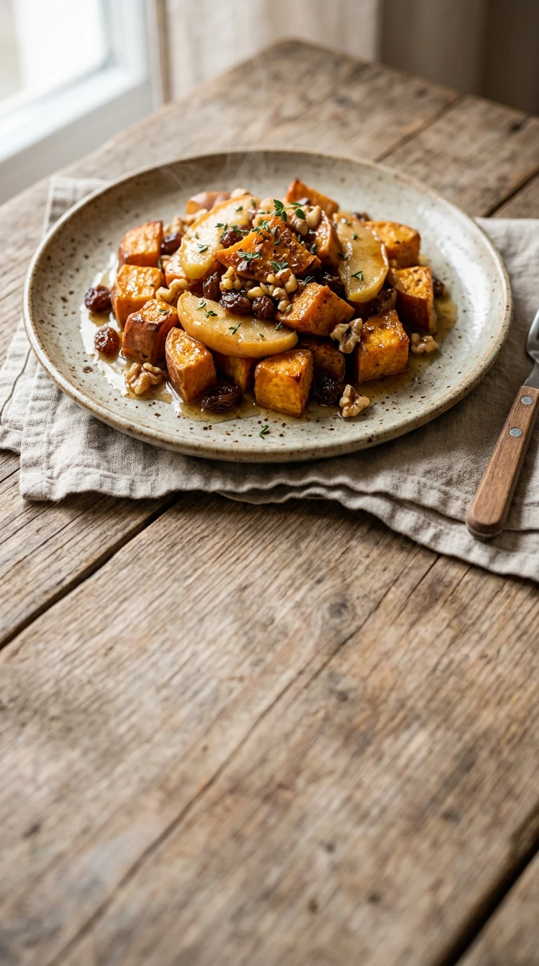 Kandierte Süßkartoffeln mit Äpfeln und Rosinen