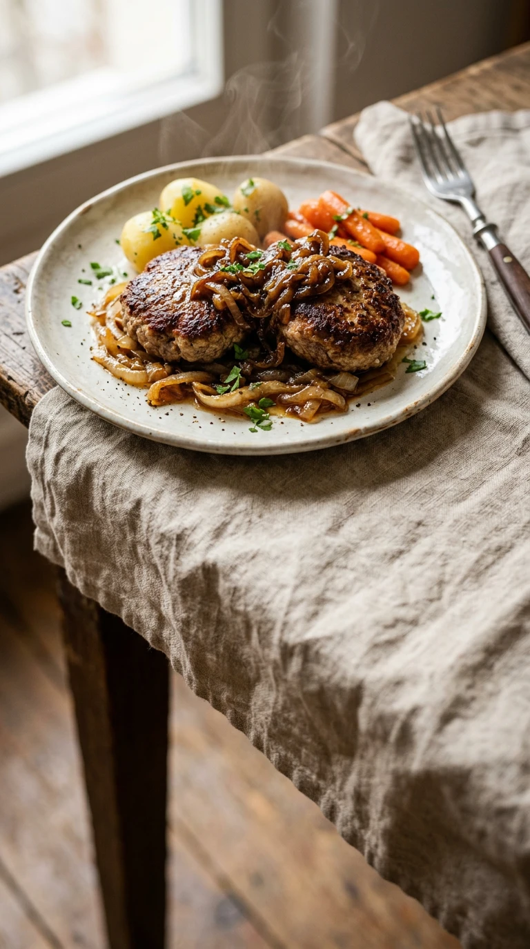 Karbonader (Lean Beef Patties) with Caramelized Onions
