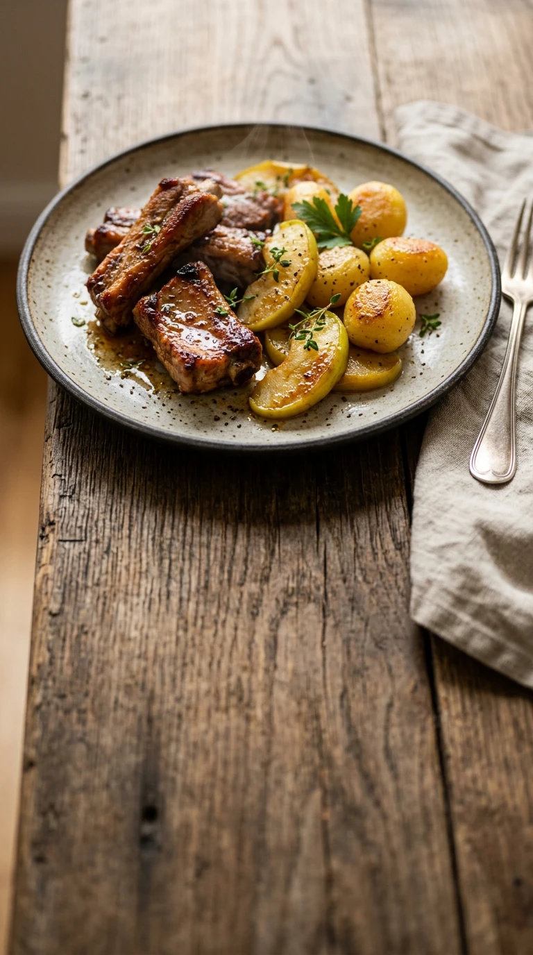 Kartoffeln, Schweinsrippe und saure Äpfel zusammen gebraten