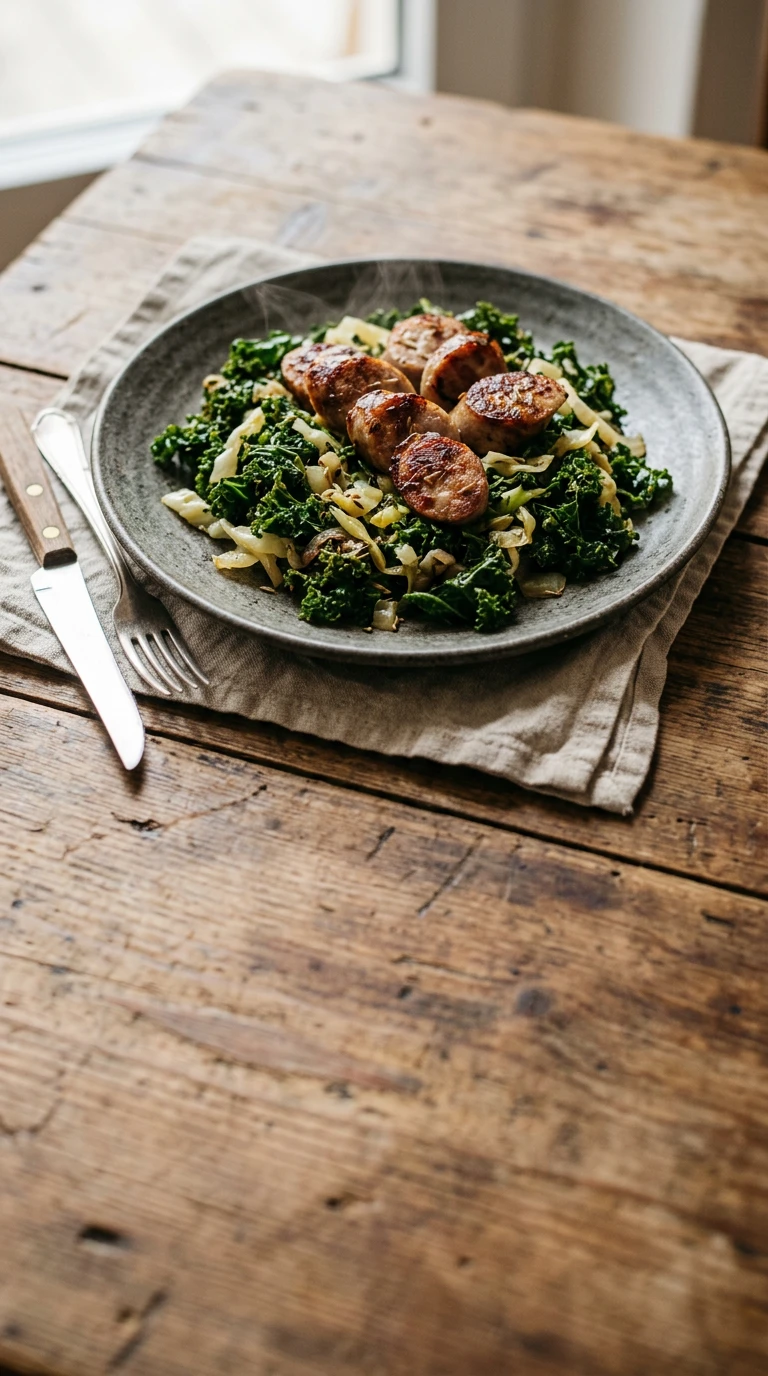 Saucisses croustillantes et légumes verts