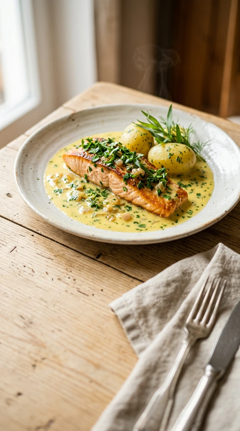 Saumon aux herbes en sauce jaune