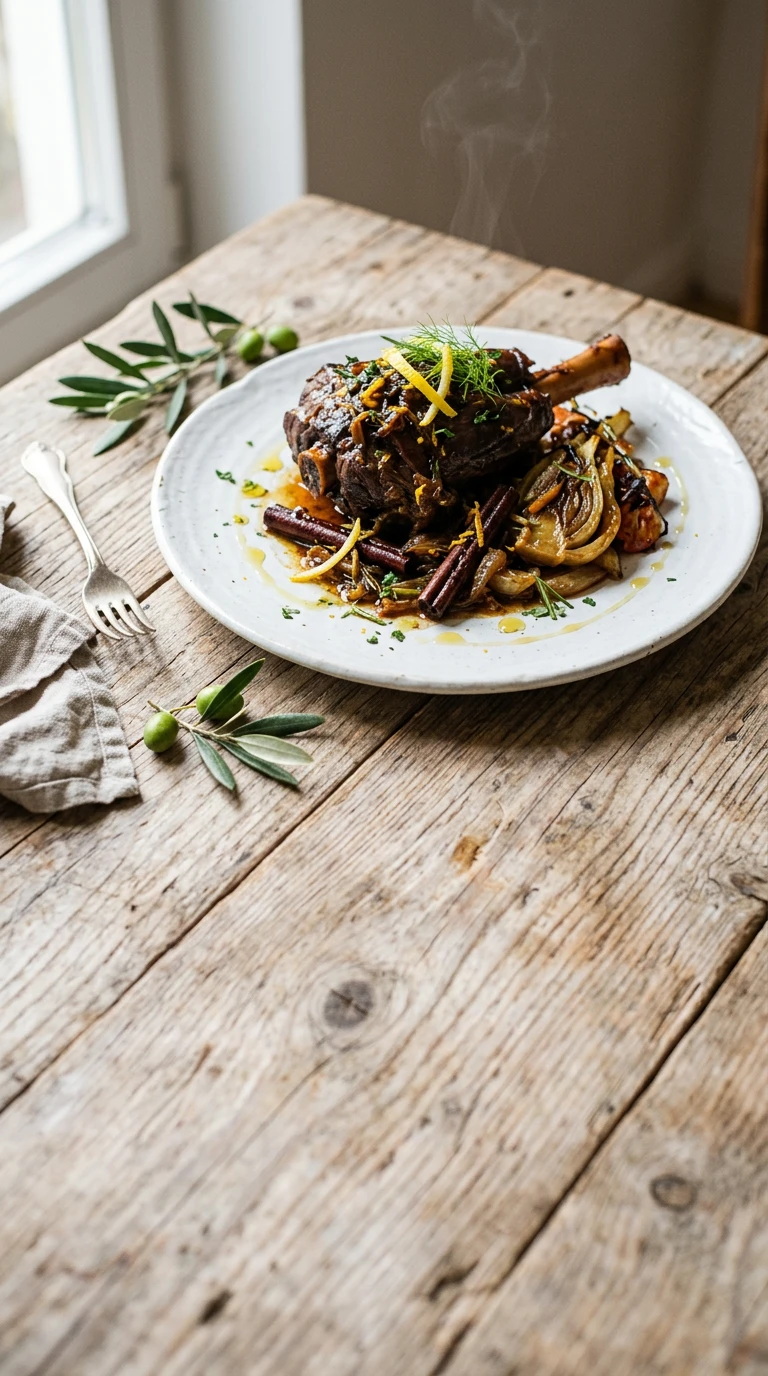 Gigot d'agneau rôti lentement aux cannelle, fenouil et agrumes