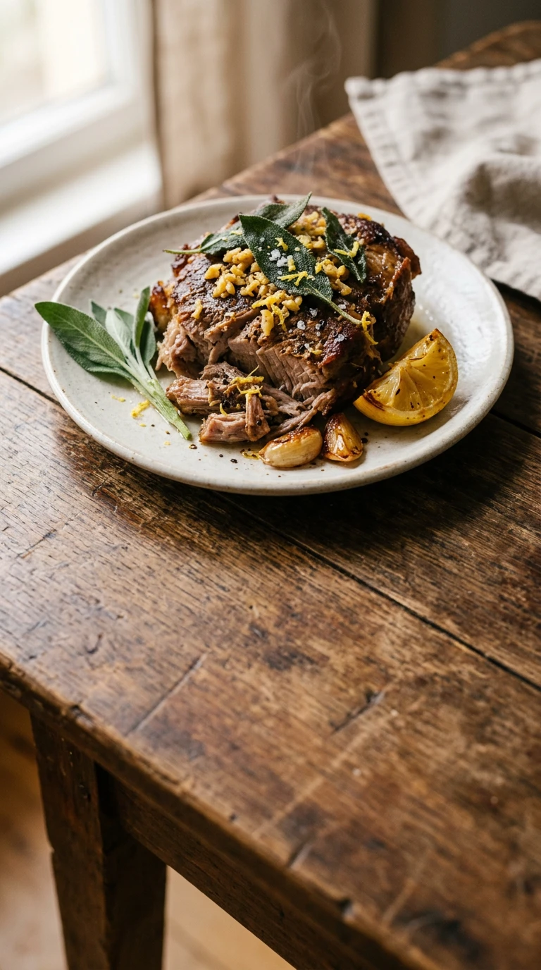 Épaule de porc rôtie lentement au citron, à l'ail et à la sauge