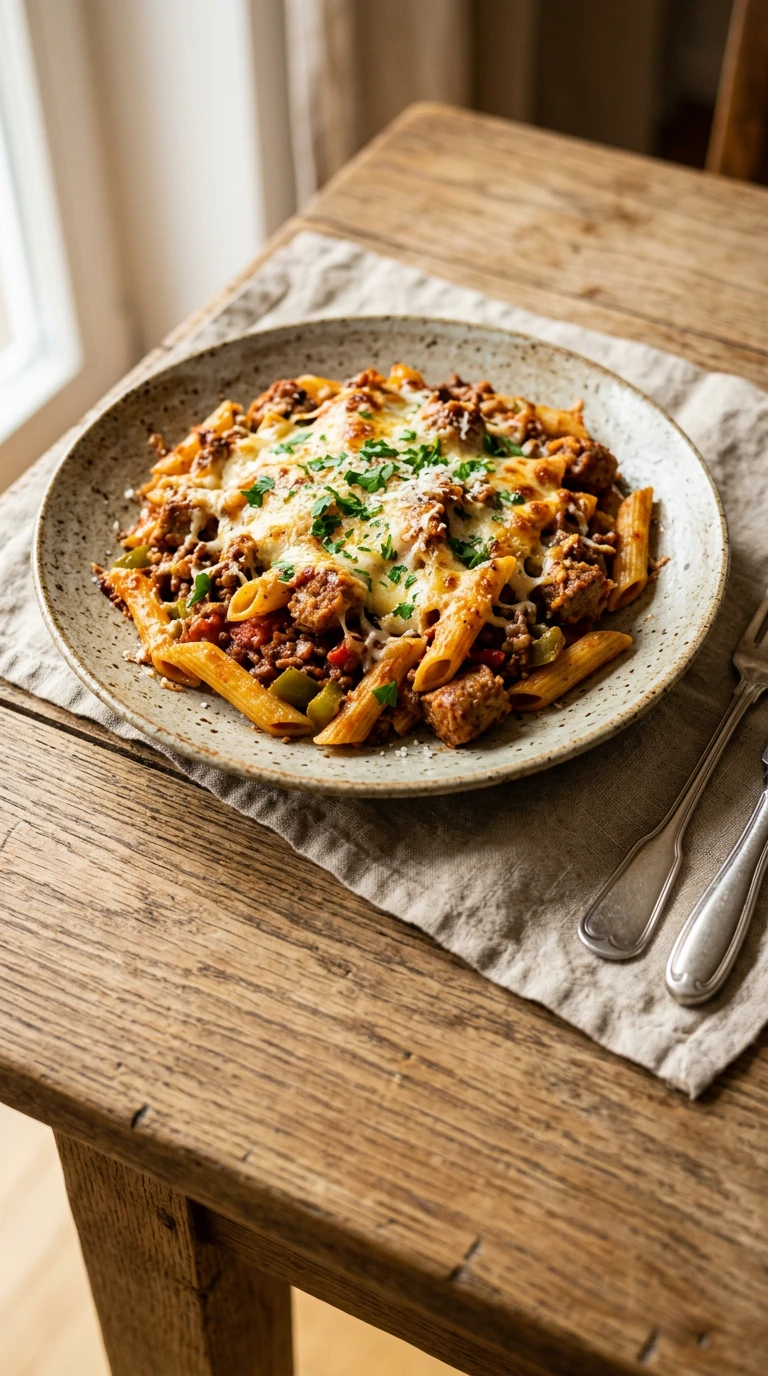 Pasta-Auflauf mit Fleisch und Käse (Mostaccioli)