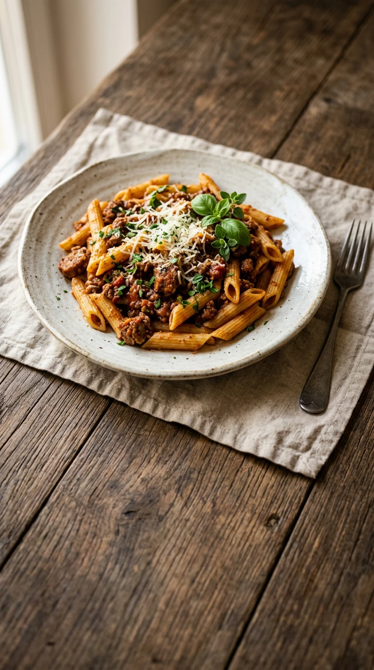 Penne with Hearty Meat Sauce