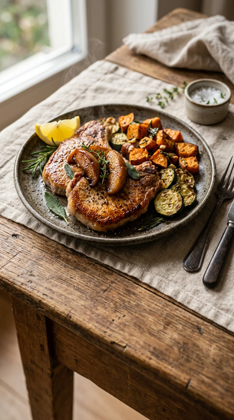 Côtelettes de porc à la poêle aux pommes, patates douces rôties et courgettes