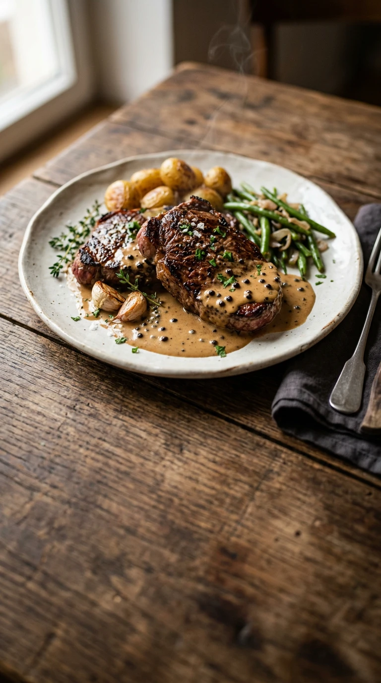 Peppercorn Strip Steaks with Cognac Cream Sauce