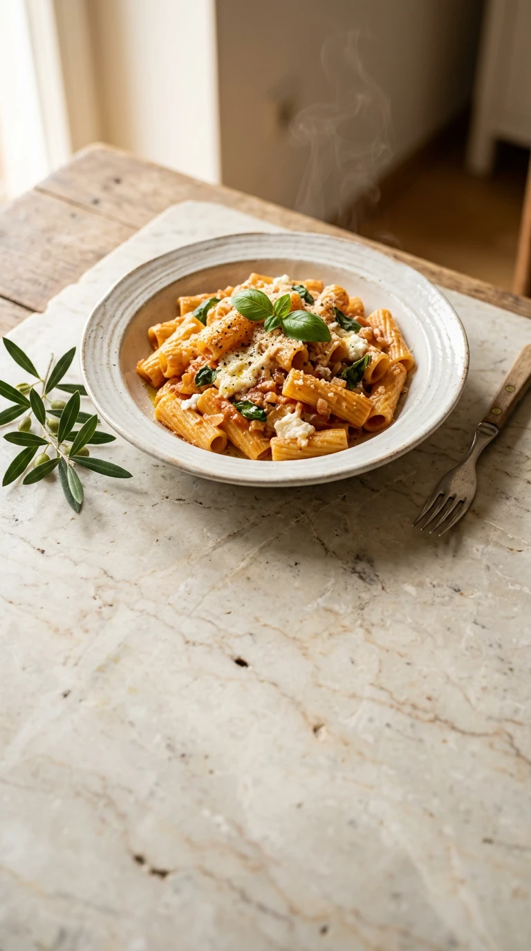 Rigatoni mit Ricotta in Tomaten-Cremesauce