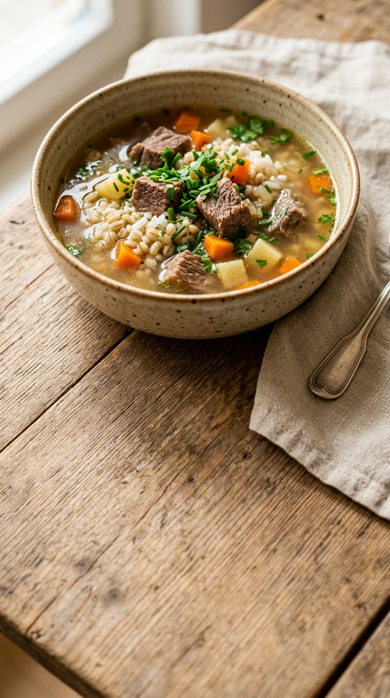 Rindfleischsuppe mit Perlgerste und Reis