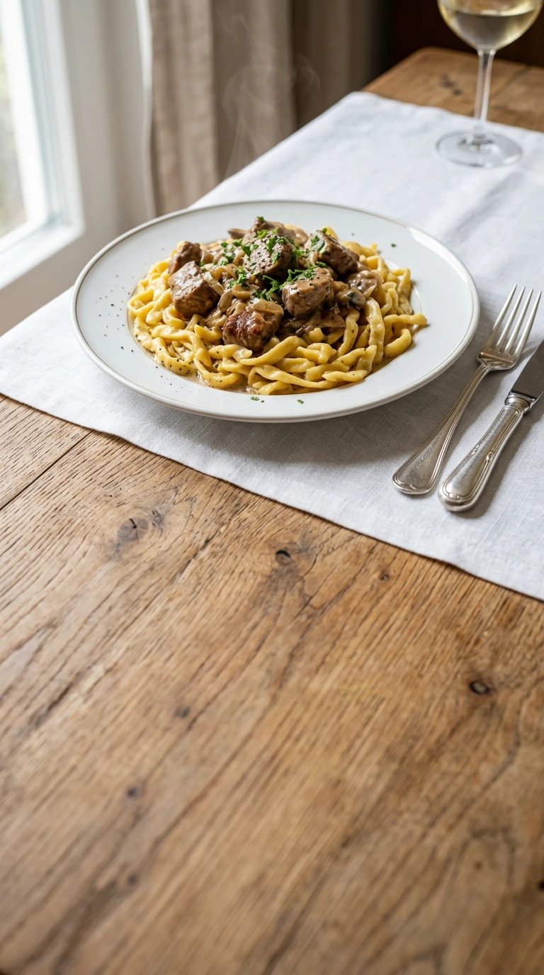 Sauté de veau mit hausgemachten Butternudeln