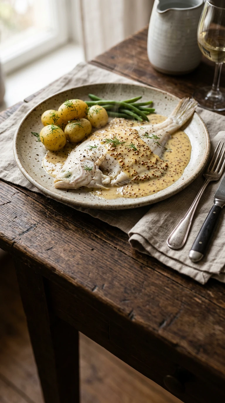 Poached Plaice with Mustard Butter