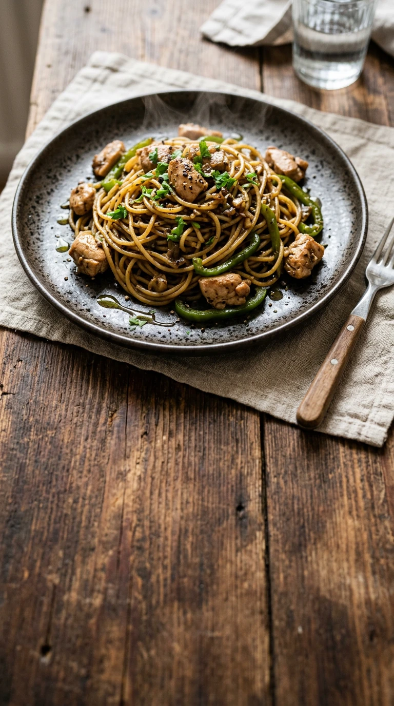 Spaghetti au poulet et poivre noir