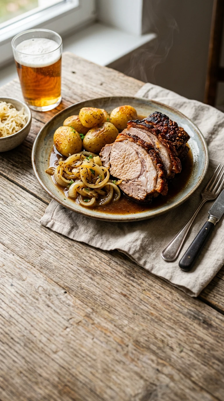 Rôti de porc aux pommes de terre et oignons