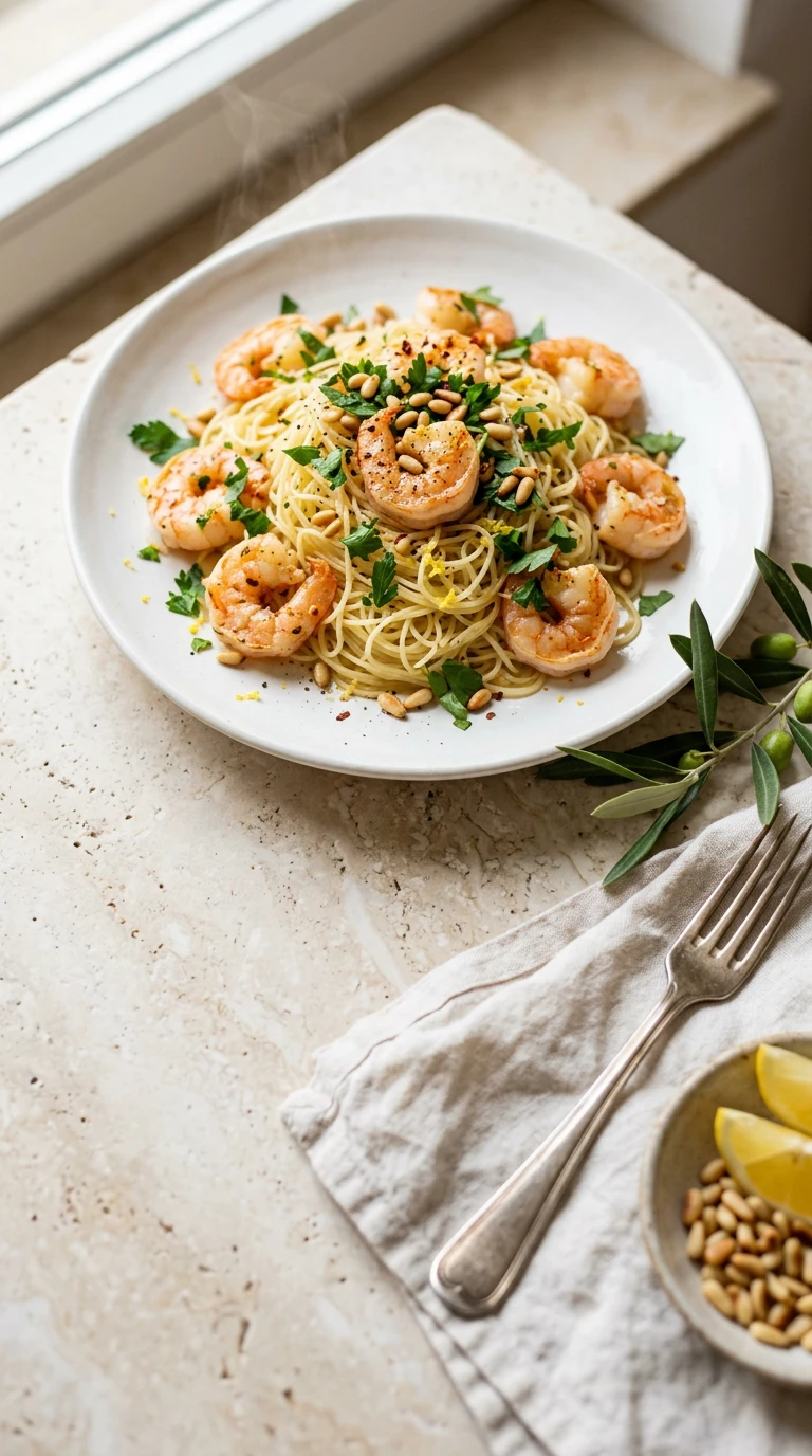 Pâtes cheveux d'ange aux crevettes scampi, citron et pignons