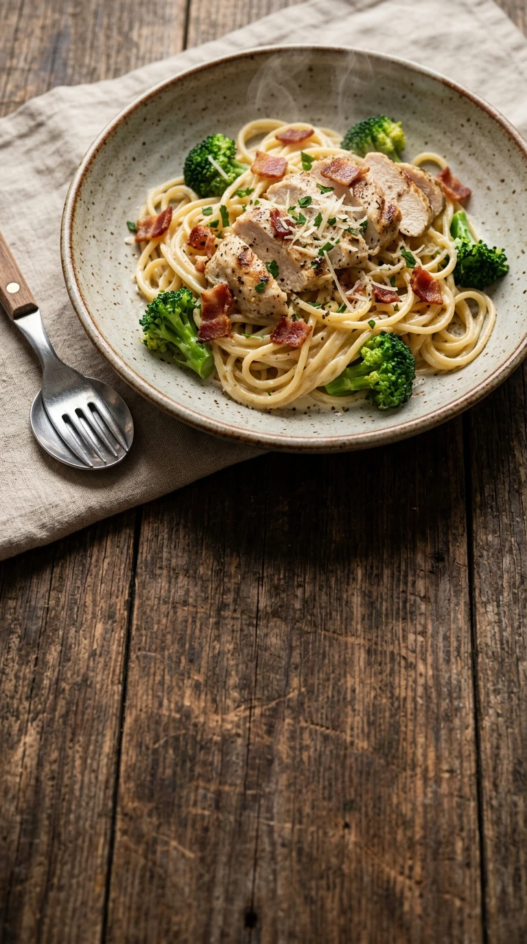 Spaghetti Alfredo au poulet, bacon et brocoli