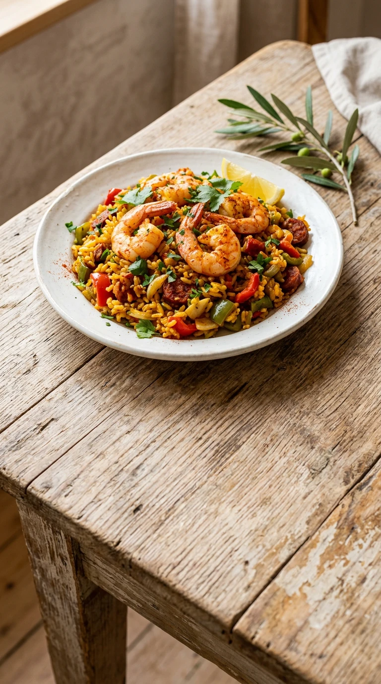 Spanischer Reis mit Garnelen aus einer Pfanne