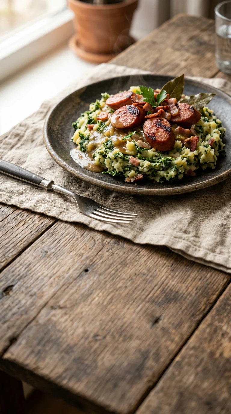 Stamppot (Kale mashed potatoes with smoked sausage)