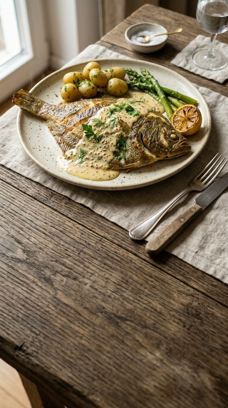 Steinbutt (Turbot) mit Butter-Senf-Sauce