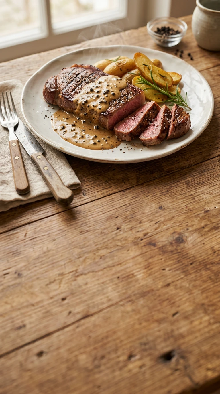 Strip Steaks with Pepper Cream Reduction