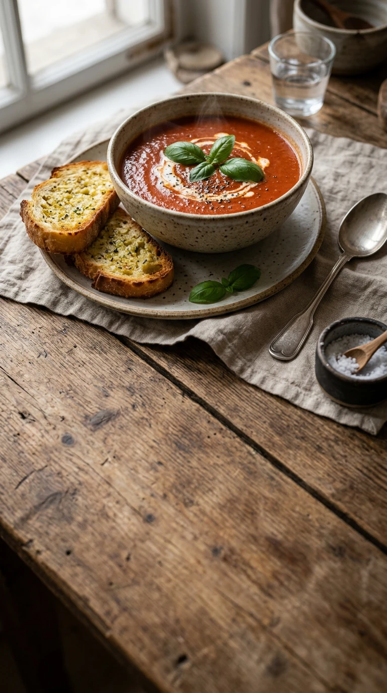 Tomato Basil Soup with Garlic Toasts