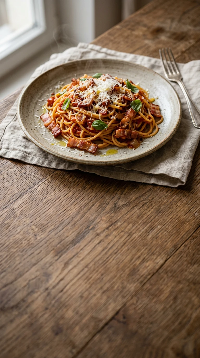 Tomato Pasta with Bacon, Onions, and Cheese