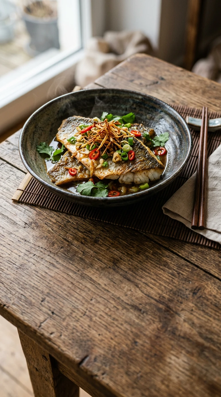 Bar avec gingembre poêlé, piment & oignons nouveaux