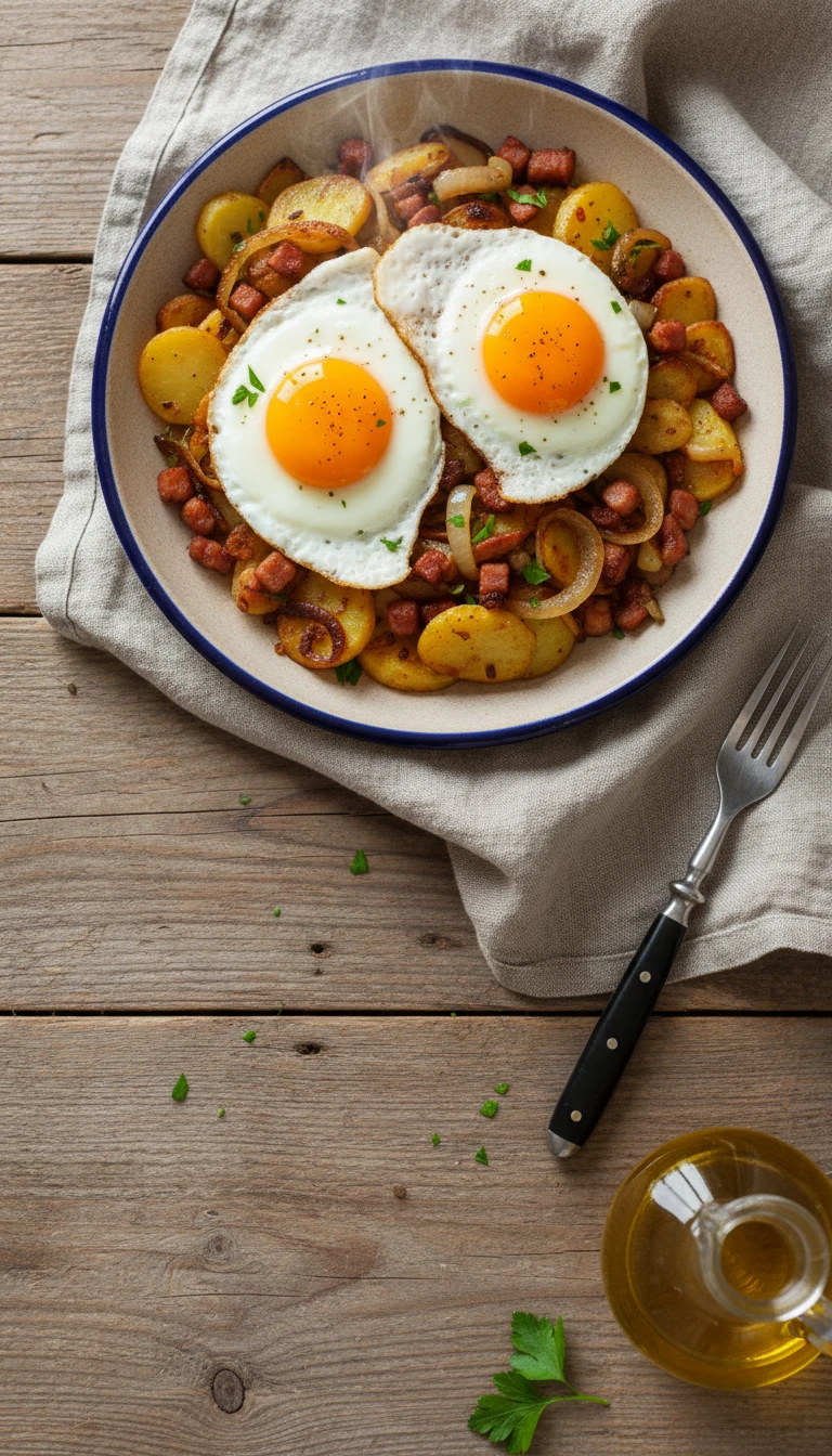 Bratkartoffeln mit Speck und Spiegelei