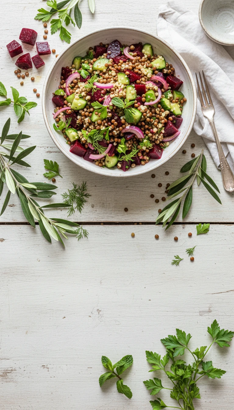 Salade de boulgour avec lentilles, betterave rouge et herbes