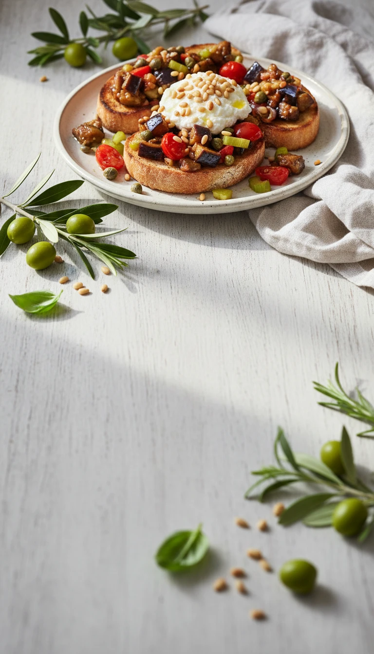 Caponata Bruschetta with Ricotta and Pine Nuts