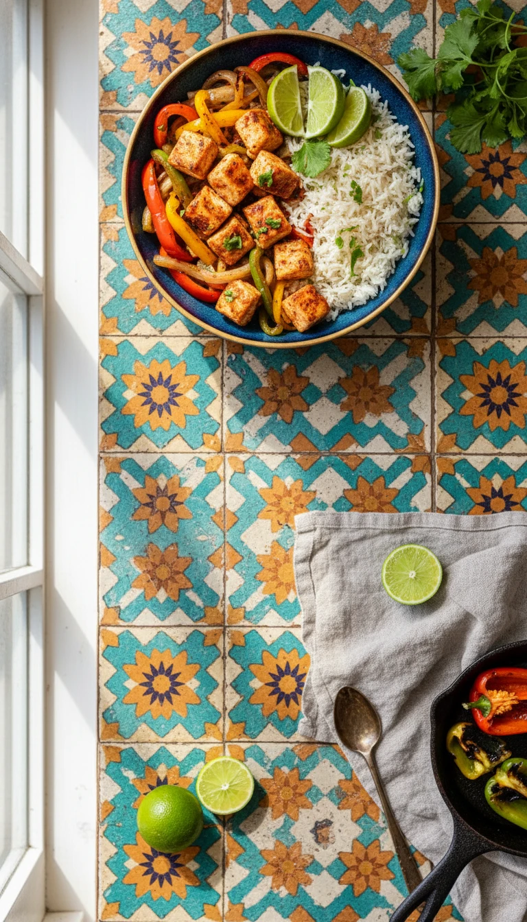 Hähnchen-Fajita-Bowl mit Paprika und Limettenreis