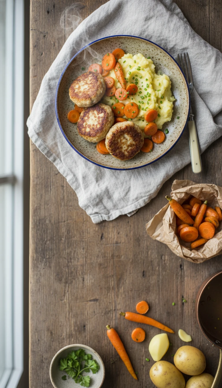 Boulettes de poulet avec purée de pommes de terre et carottes
