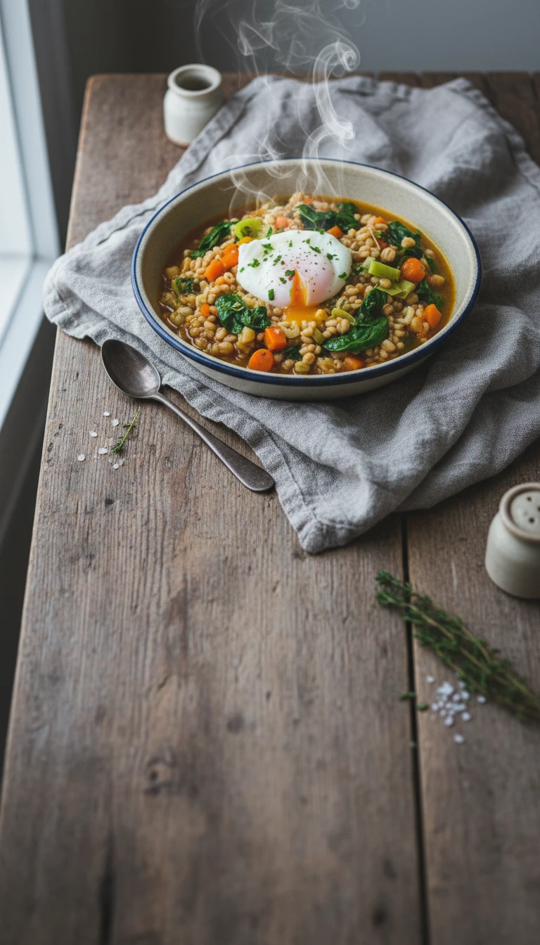 Bouillie de grains de blé et légumes avec œuf