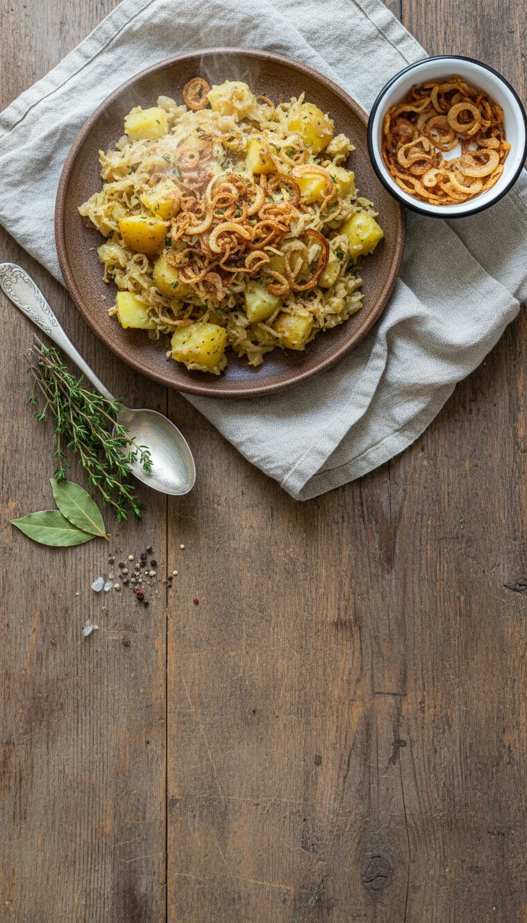 Purée de pommes de terre au chou fermenté avec oignons frits