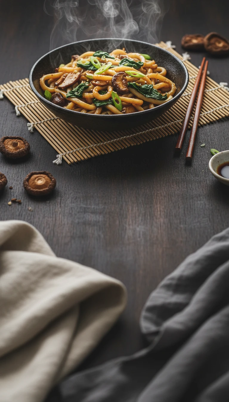 Japanese Udon Mushroom Stir-Fry with Spinach