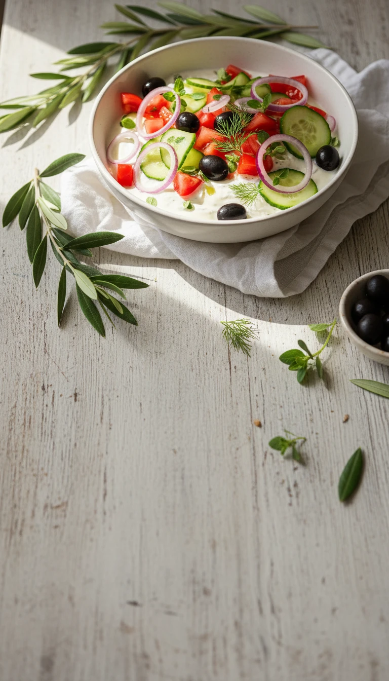 Joghurt-Bowl mit Tomate, Gurke und Oliven