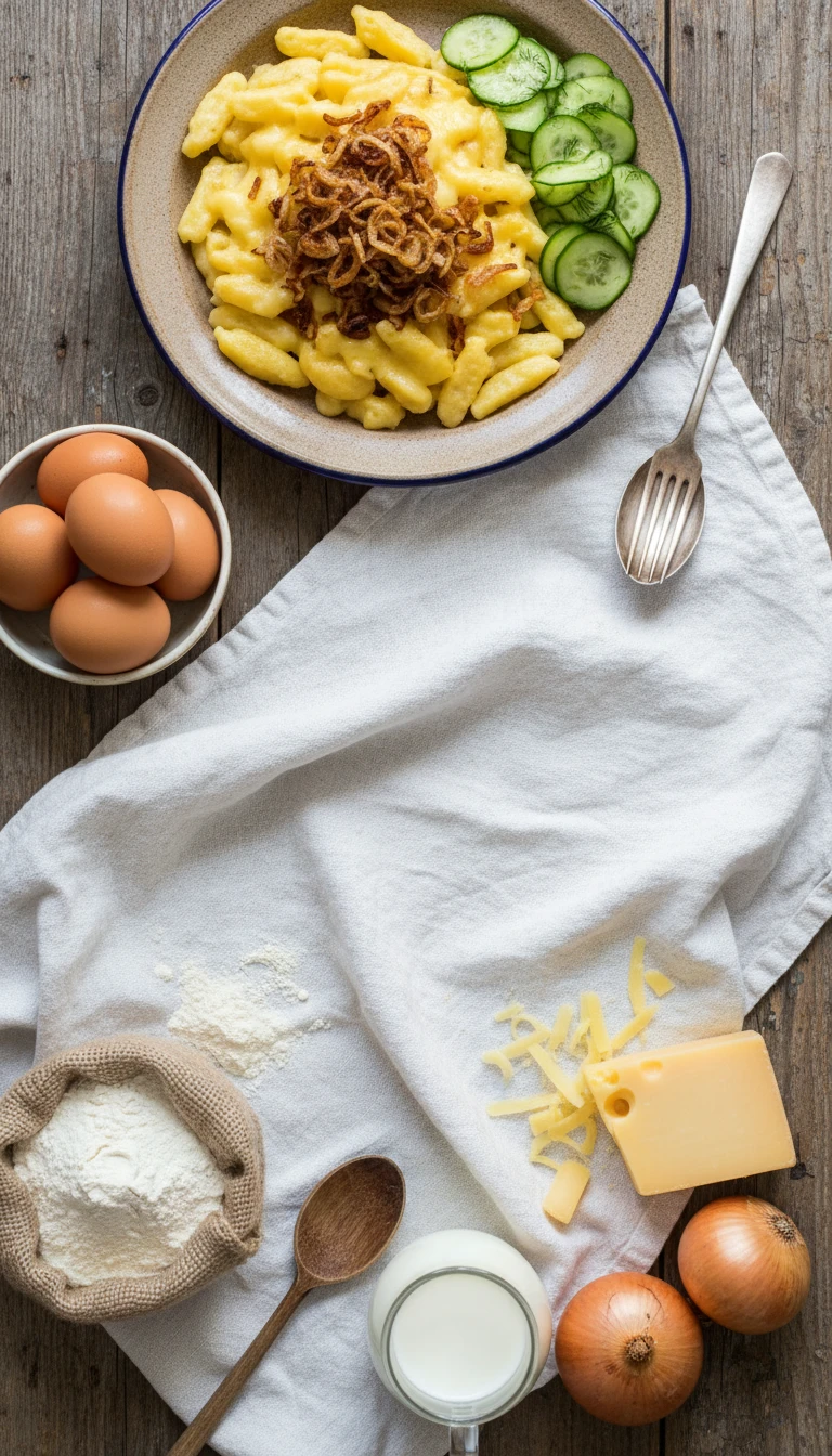 Käsespätzle Avec Oignons Rôtis Et Salade De Concombre